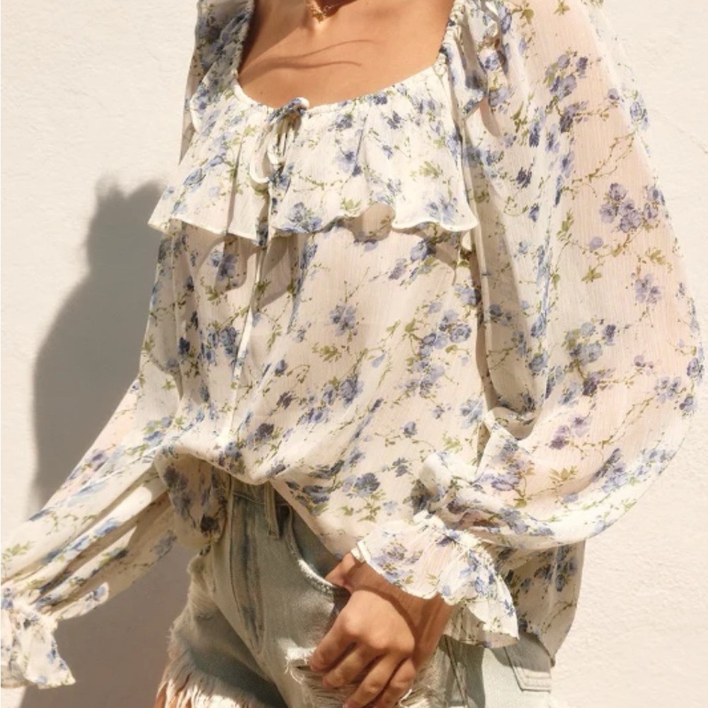 Dress Forum Meadow Ruffled Blouse in Blue Floral - Size S - Picture 6 of 8